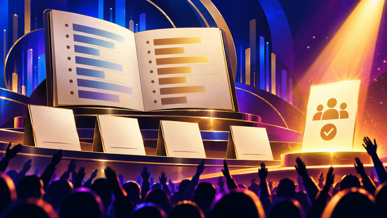 An editorial illustration of a chart ledger beside a single public-vote card on an abstract awards stage.
