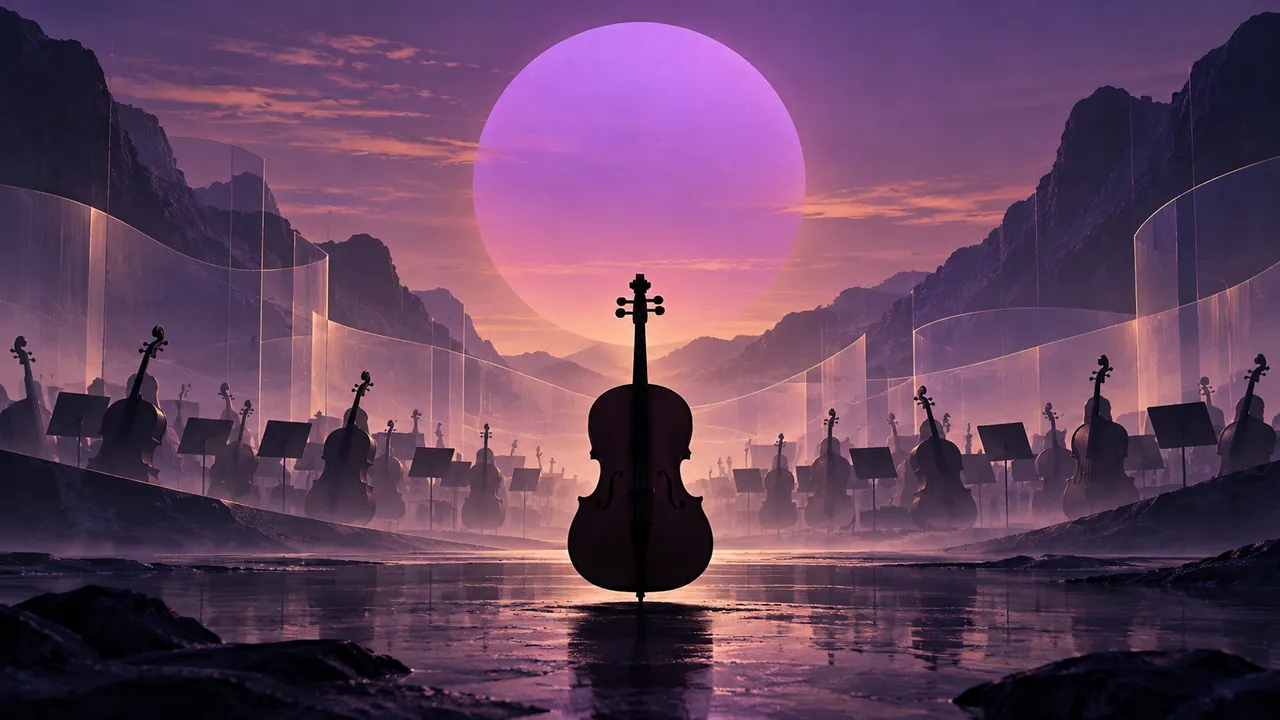 Abstract purple sun above layered orchestral strings and a solitary cello silhouette.