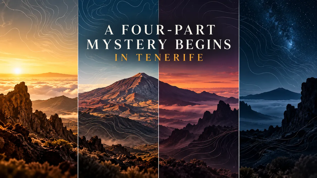 An abstract volcanic landscape inspired by Tenerife, with a park map grid and four framed panels.