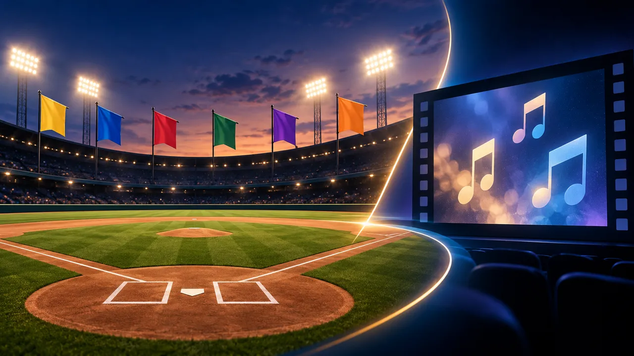 A conceptual ballpark with six pennant shapes and a separate documentary screen panel, without team marks or players.
