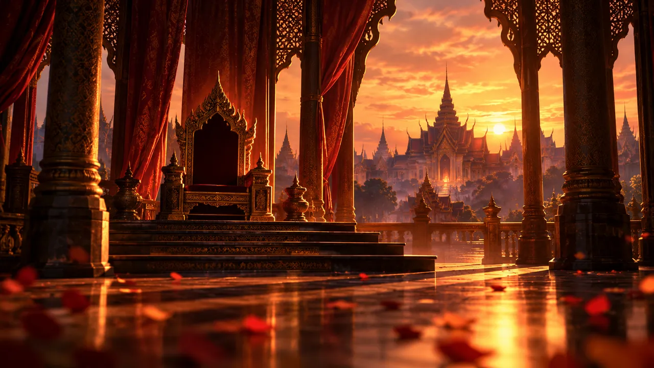 A conceptual throne room with a dim crown silhouette and ember-colored light along the floor.
