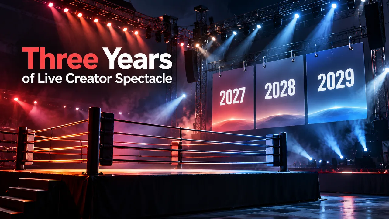 A conceptual boxing ring beside a concert lighting rig and a three-year calendar strip.