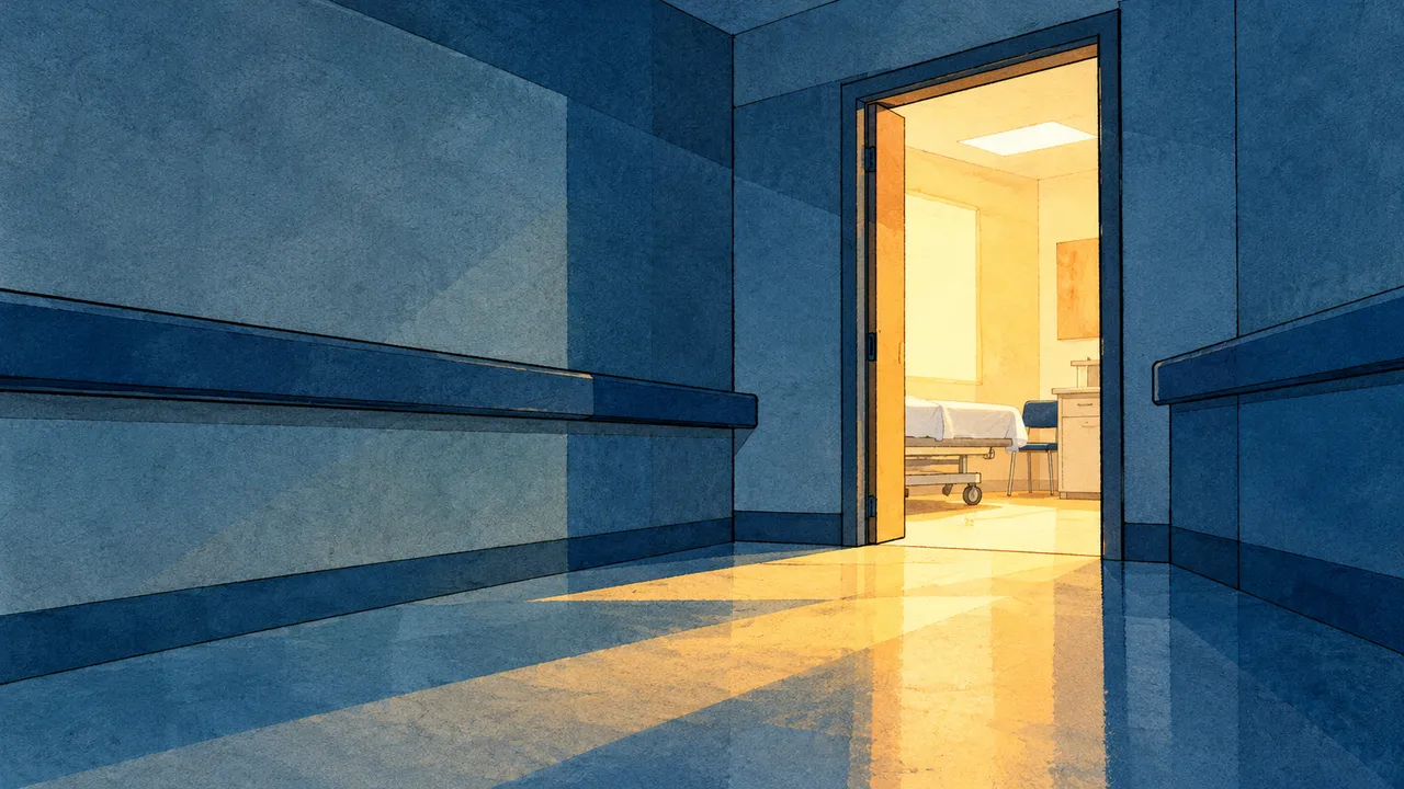 A hand-drawn blue emergency corridor leads through one unmarked doorway into a warmly lit treatment room; there are no people or words.