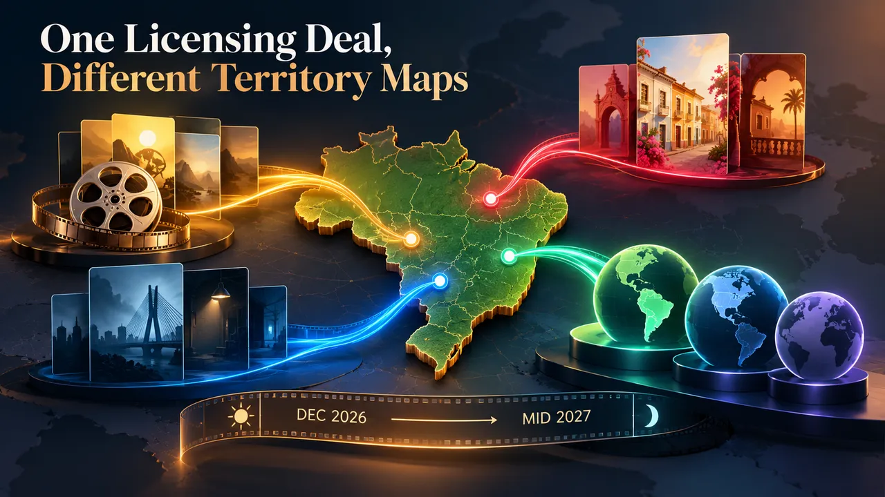 Conceptual illustration of Brazil linked by separate routes to a film frame, a telenovela page and a sitcom stage, suggesting distinct licenses without showing platform logos.
