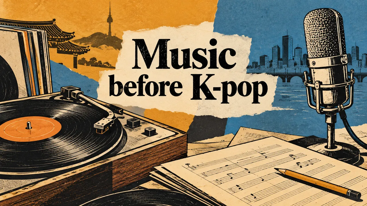 A drawn collage of a turntable, studio microphone, music score and city silhouettes surrounds the words Music before K-pop in amber, blue and black.