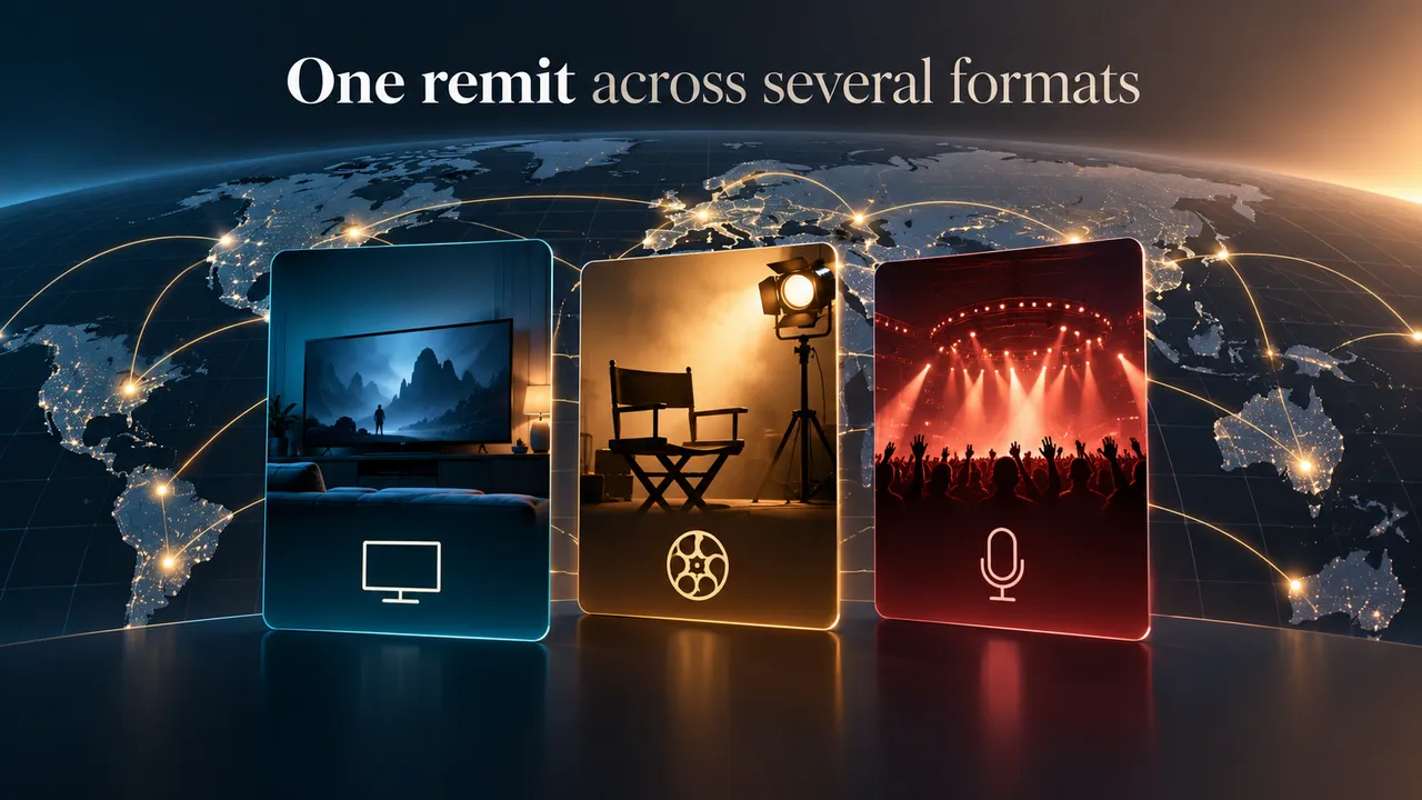 A conceptual map of screens and a production slate, with no logos or fabricated streaming interface.