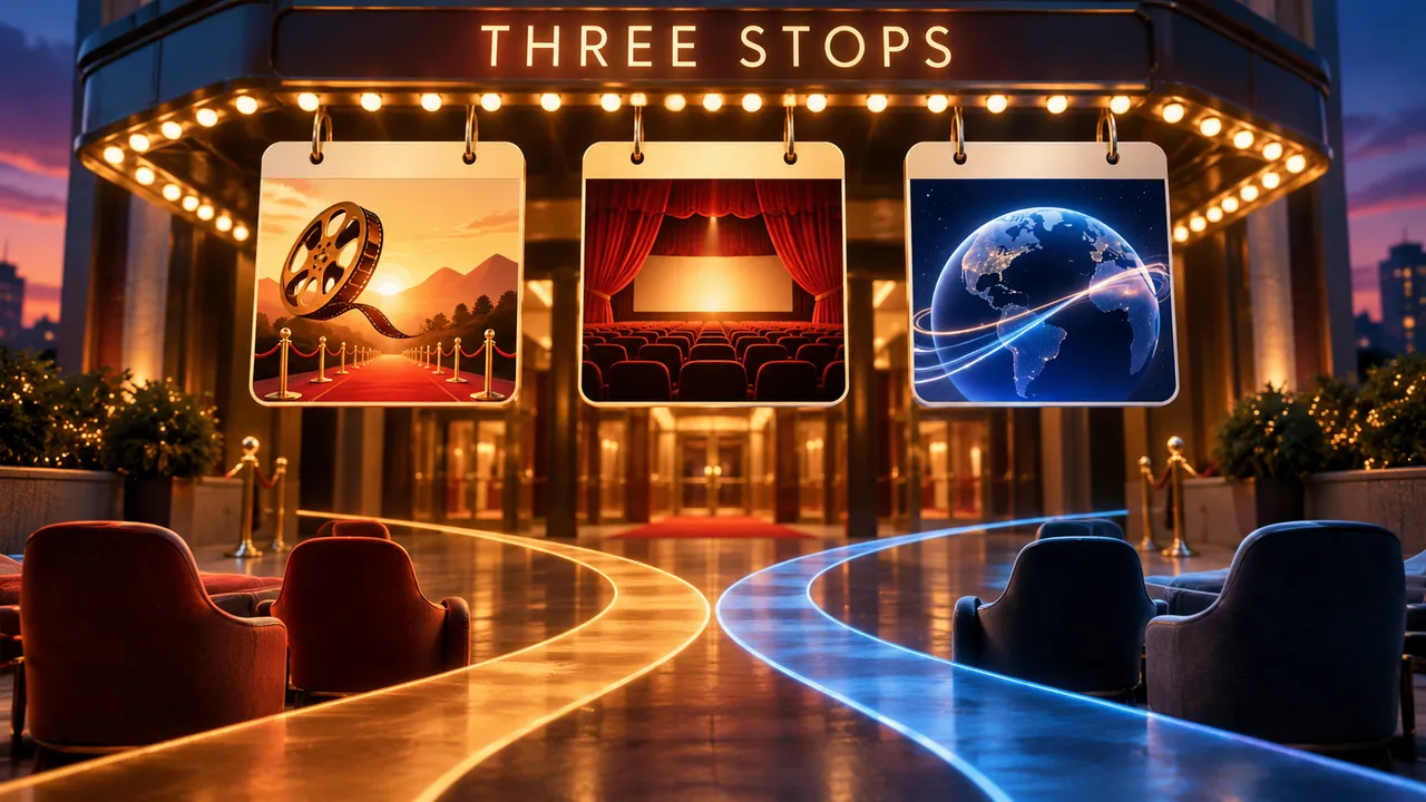 A cinema marquee reading “THREE STOPS” above three illustrated cards showing a film reel, a theater audience and a globe with light trails.