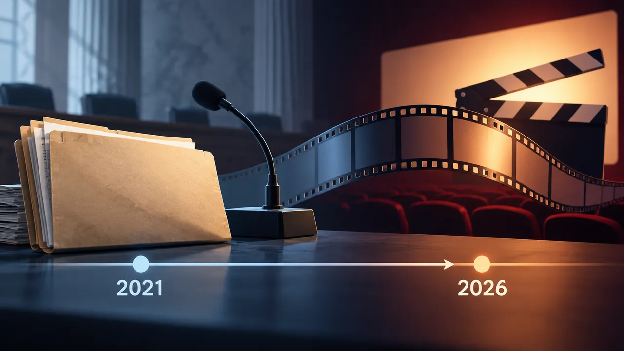A conceptual 2021 public-record timeline with a paper file, hearing microphone and abstract cinema frame.