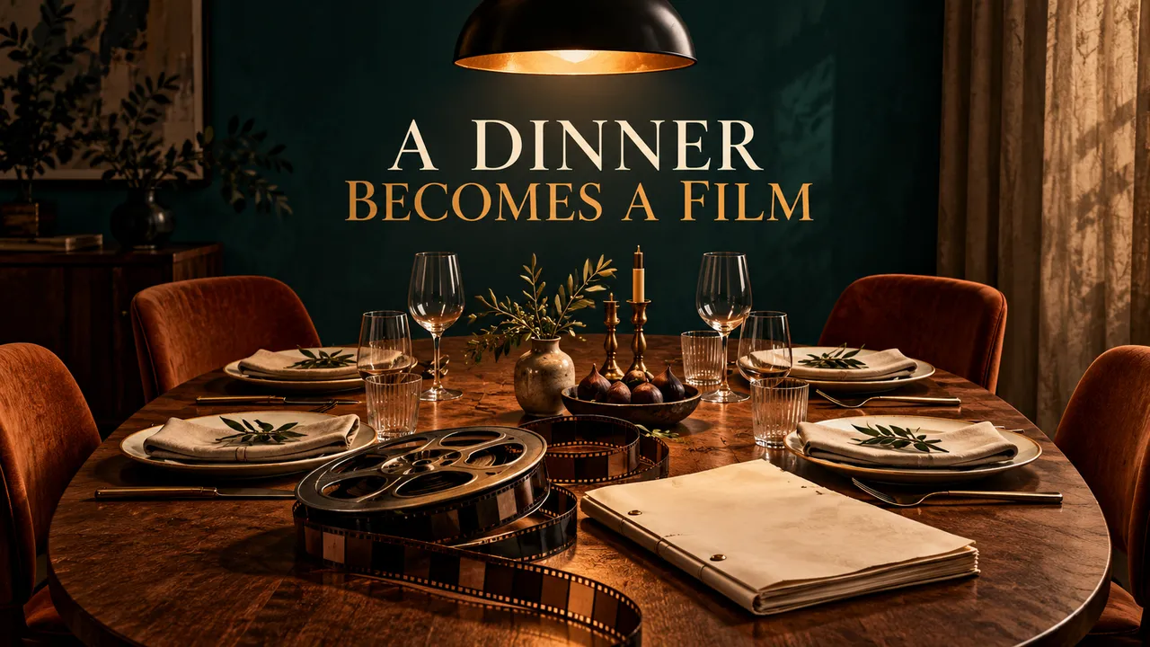 A conceptual four-seat dinner table beside a film reel and a folded stage script.